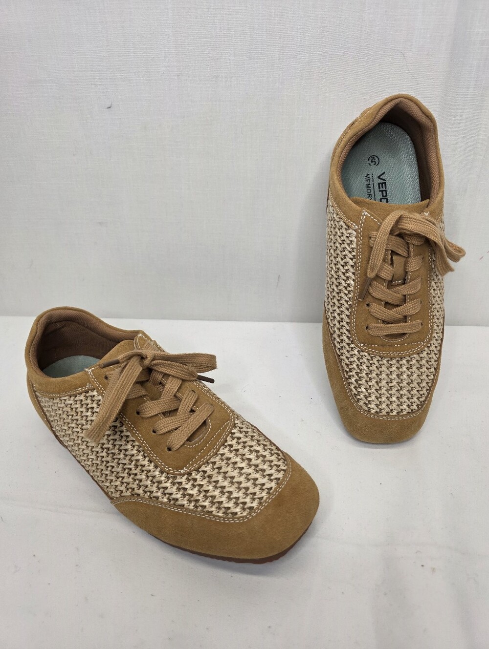 Vepose Brown Woven Raffia Suede Retro Casual Sneakers Size 9